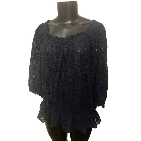 1X Izod Women Sheer Lace Top Elastic Off Shoulder Navy Blue - Picture 4 of 10